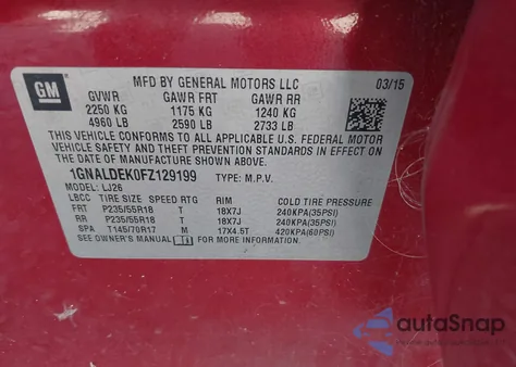 2015 Chevrolet Equinox Ltz from USA, damaged, VIN 1GNALDEK0FZ129199